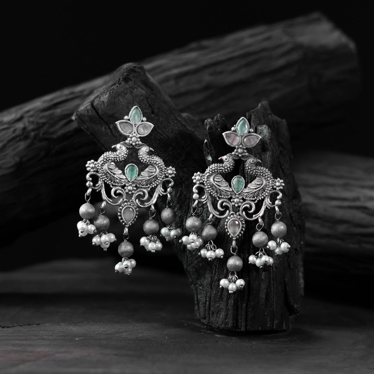 Saanjh Bela Mint Green Mayura Oxidised Earrings