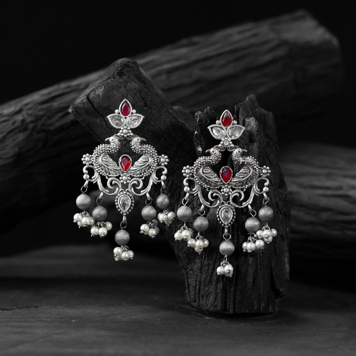 Saanjh Bela Ruby Mayura Oxidised Earrings