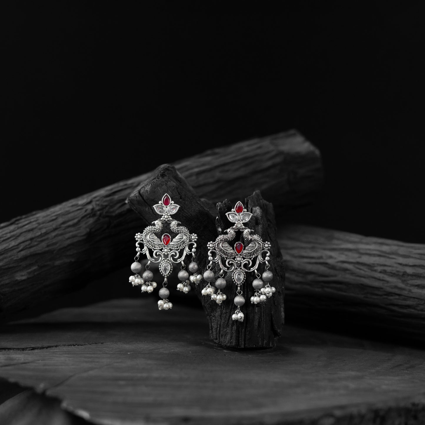 Saanjh Bela Ruby Mayura Oxidised Earrings