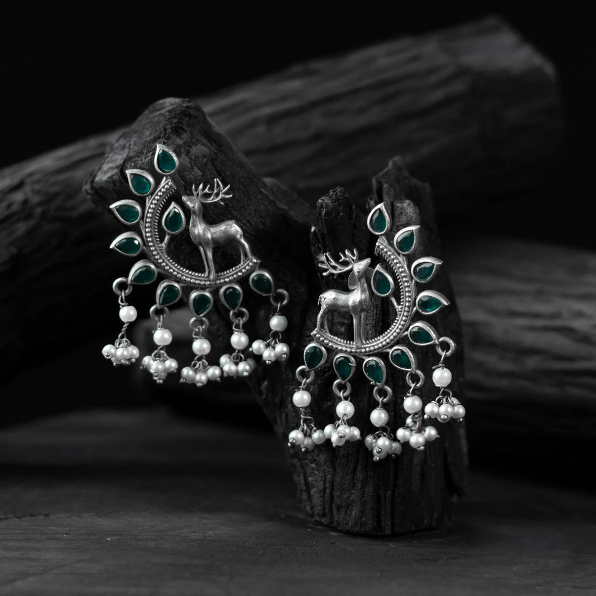 Saanjh Bela Green Deer Oxidised Earrings