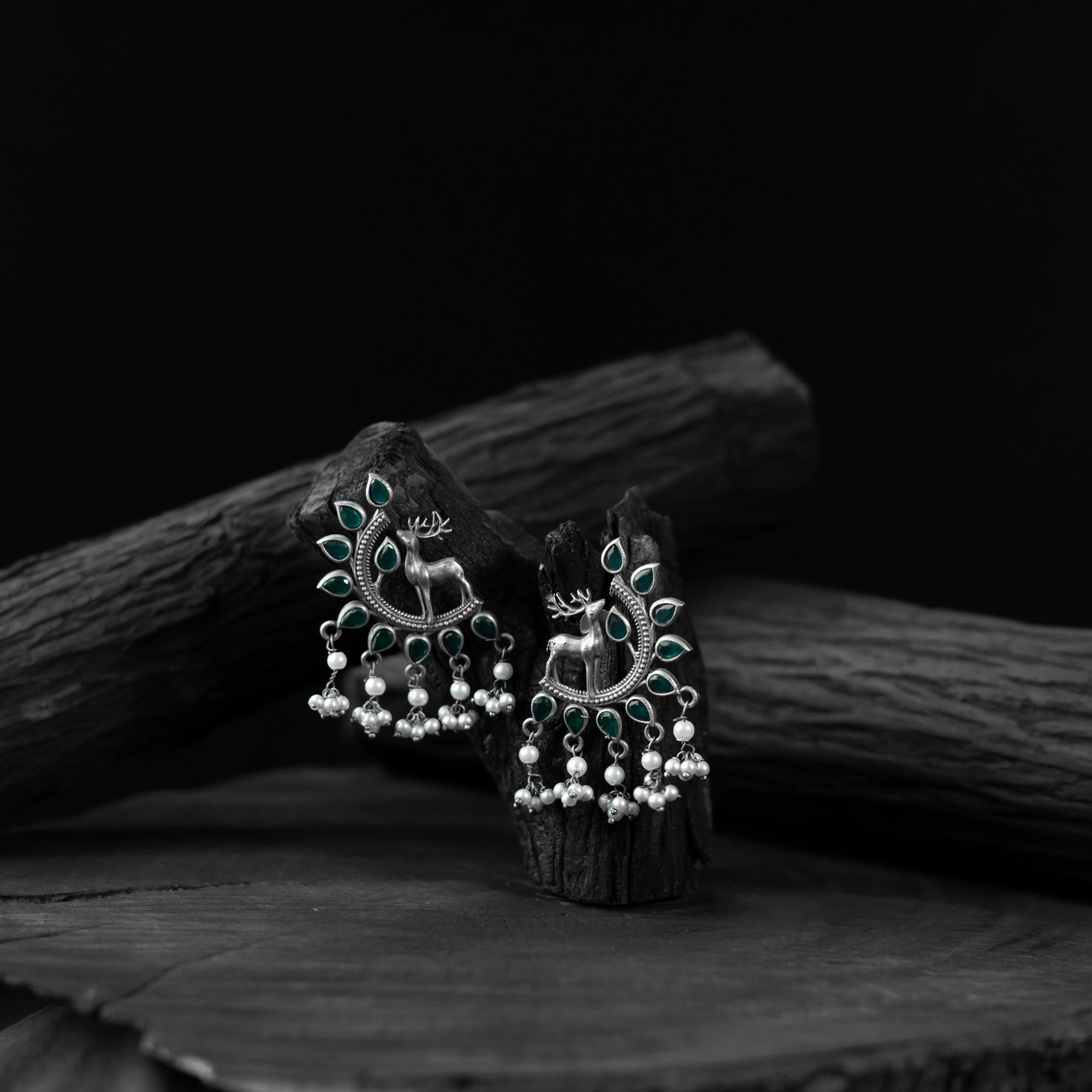 Saanjh Bela Green Deer Oxidised Earrings