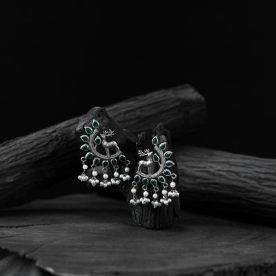 Saanjh Bela Green Deer Oxidised Earrings