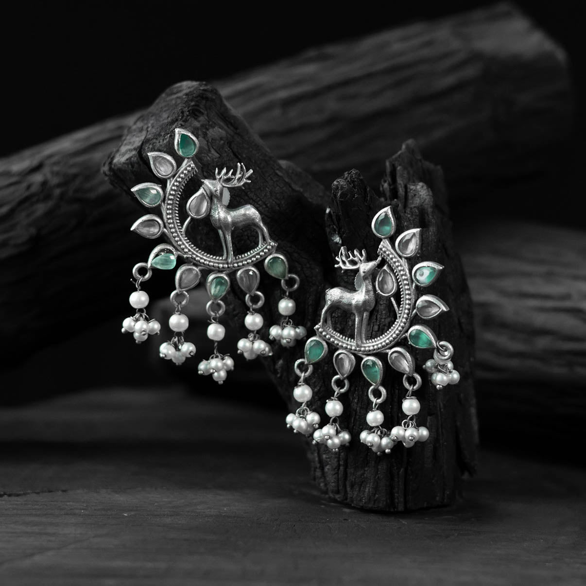 Saanjh Bela Green & Grey Deer Oxidised Earrings