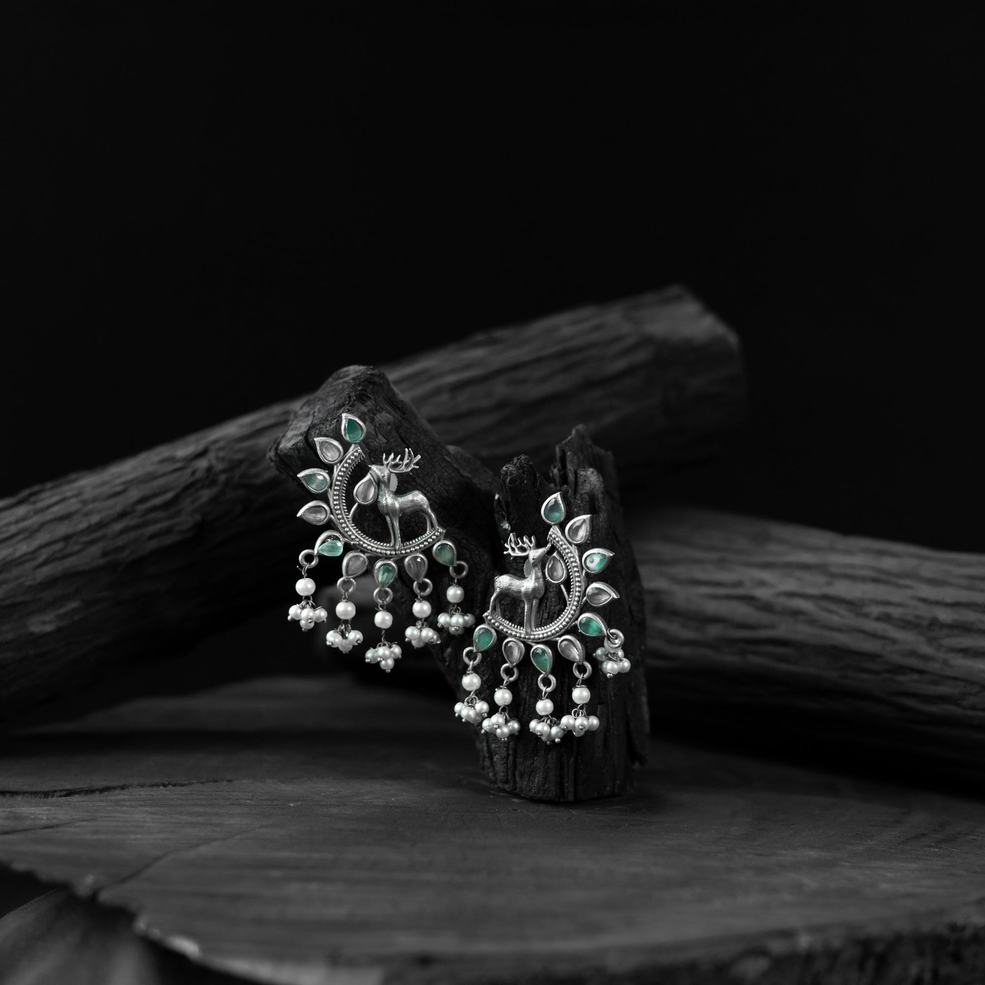 Saanjh Bela Green & Grey Deer Oxidised Earrings