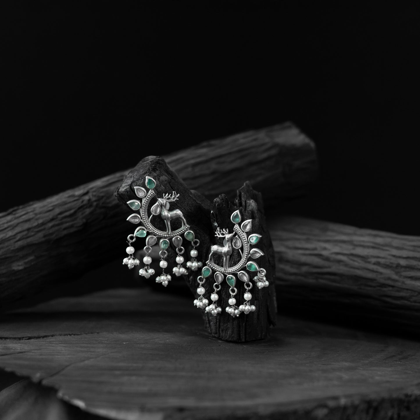 Saanjh Bela Green & Grey Deer Oxidised Earrings