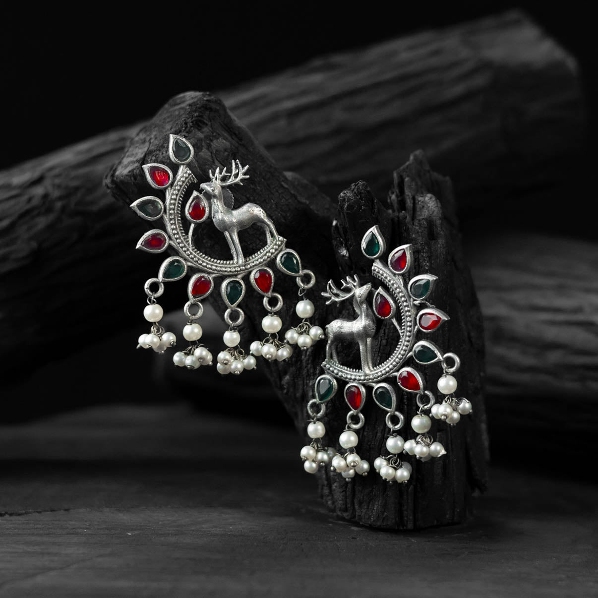 Saanjh Bela Ruby & Green Deer Oxidised Earrings