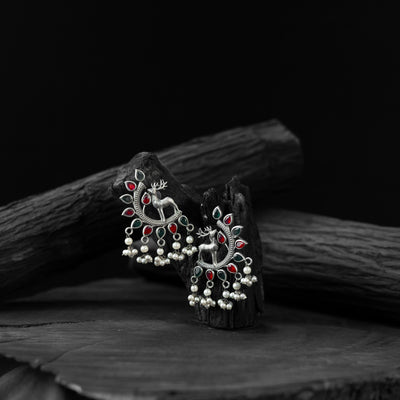 Saanjh Bela Ruby & Green Deer Oxidised Earrings