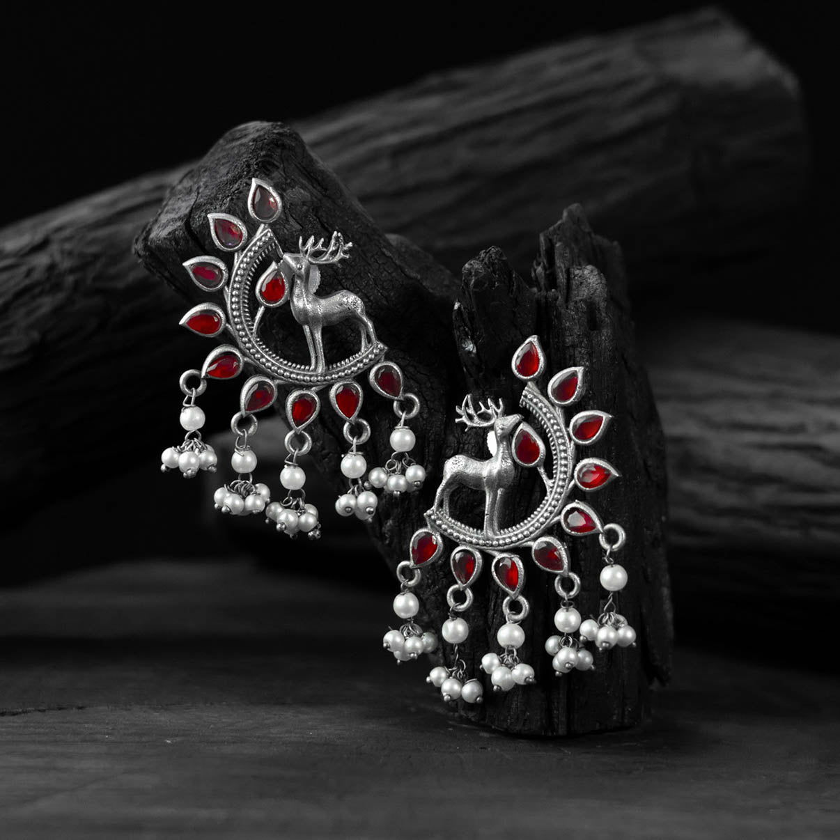 Saanjh Bela Ruby Deer Oxidised Earrings