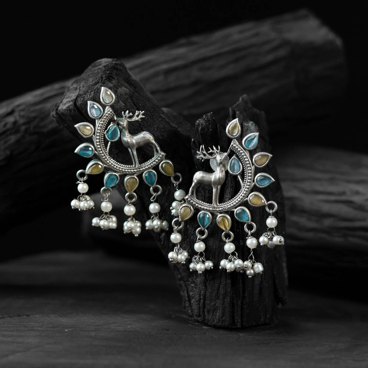 Saanjh Bela Yellow & Blue Deer Oxidised Earrings