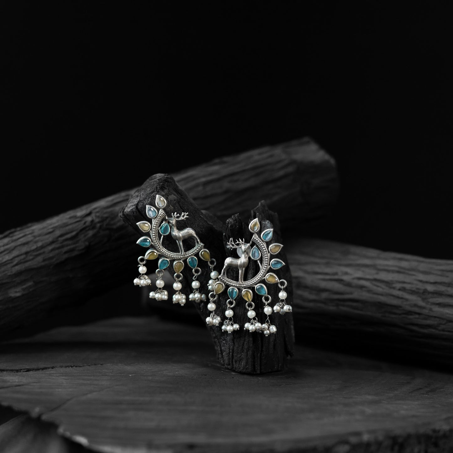 Saanjh Bela Yellow & Blue Deer Oxidised Earrings