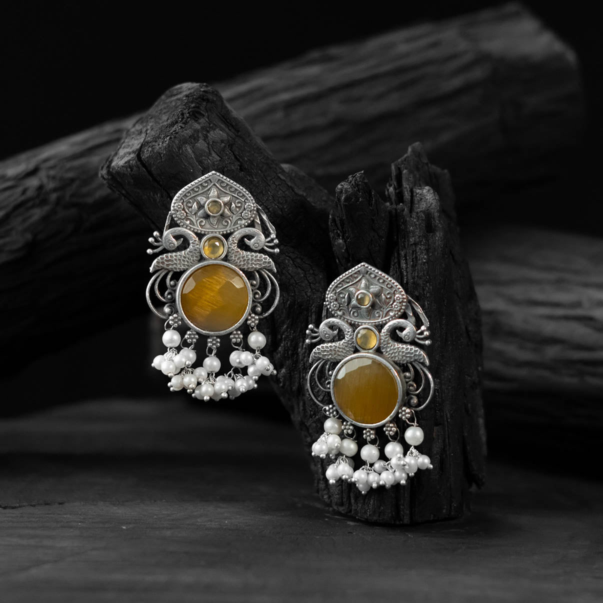 Saanjh Bela Yellow Flower & Peacock Oxidised Earrings