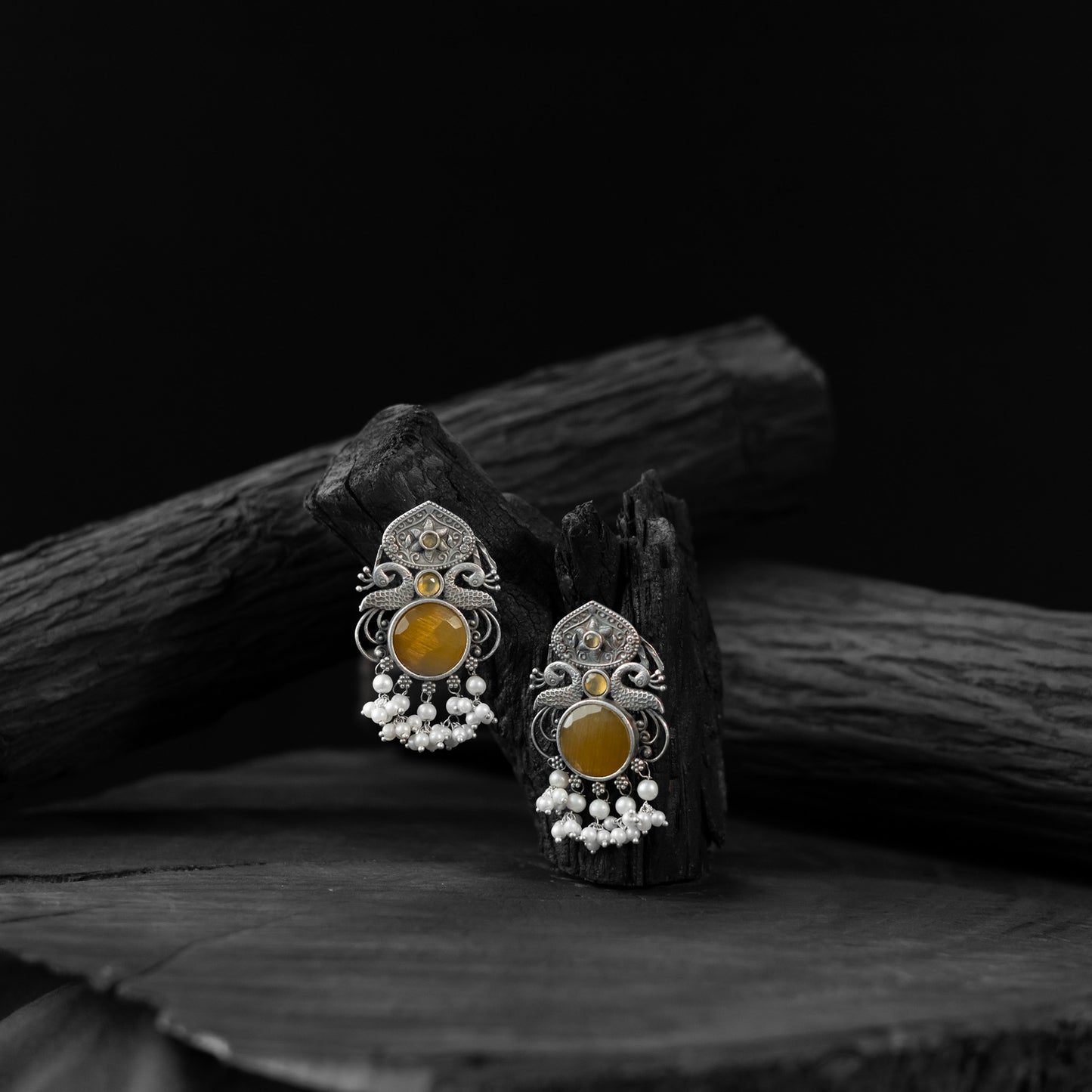 Saanjh Bela Yellow Flower & Peacock Oxidised Earrings