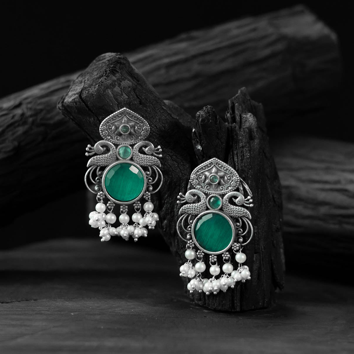 Saanjh Bela Green Flower & Peacock Oxidised Earrings