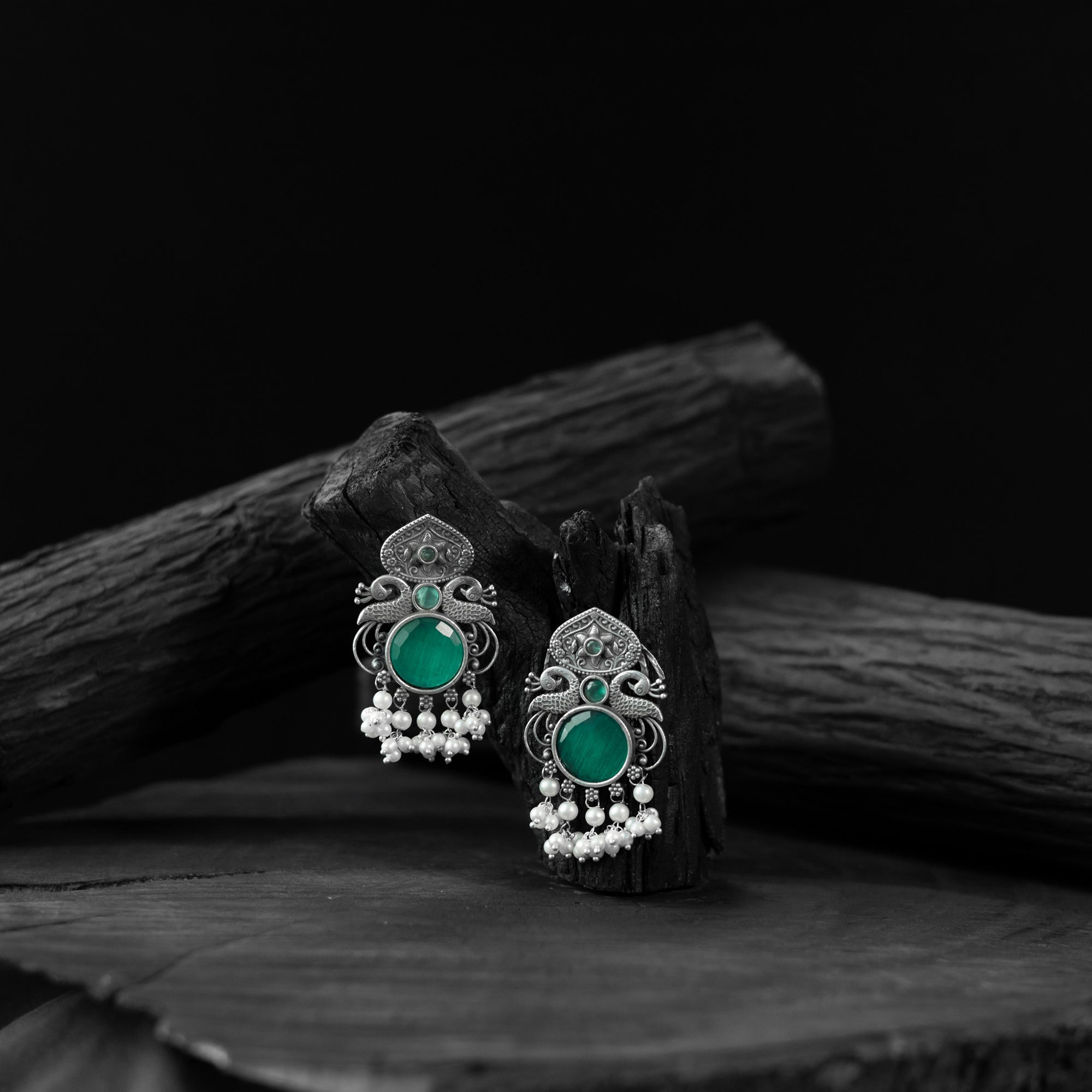 Saanjh Bela Green Flower & Peacock Oxidised Earrings