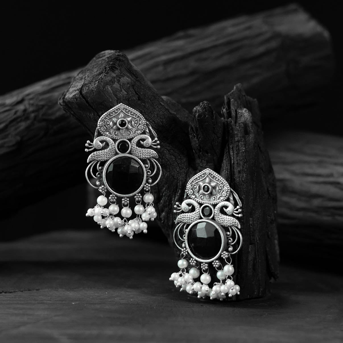 Saanjh Bela Black Flower & Peacock Oxidised Earrings