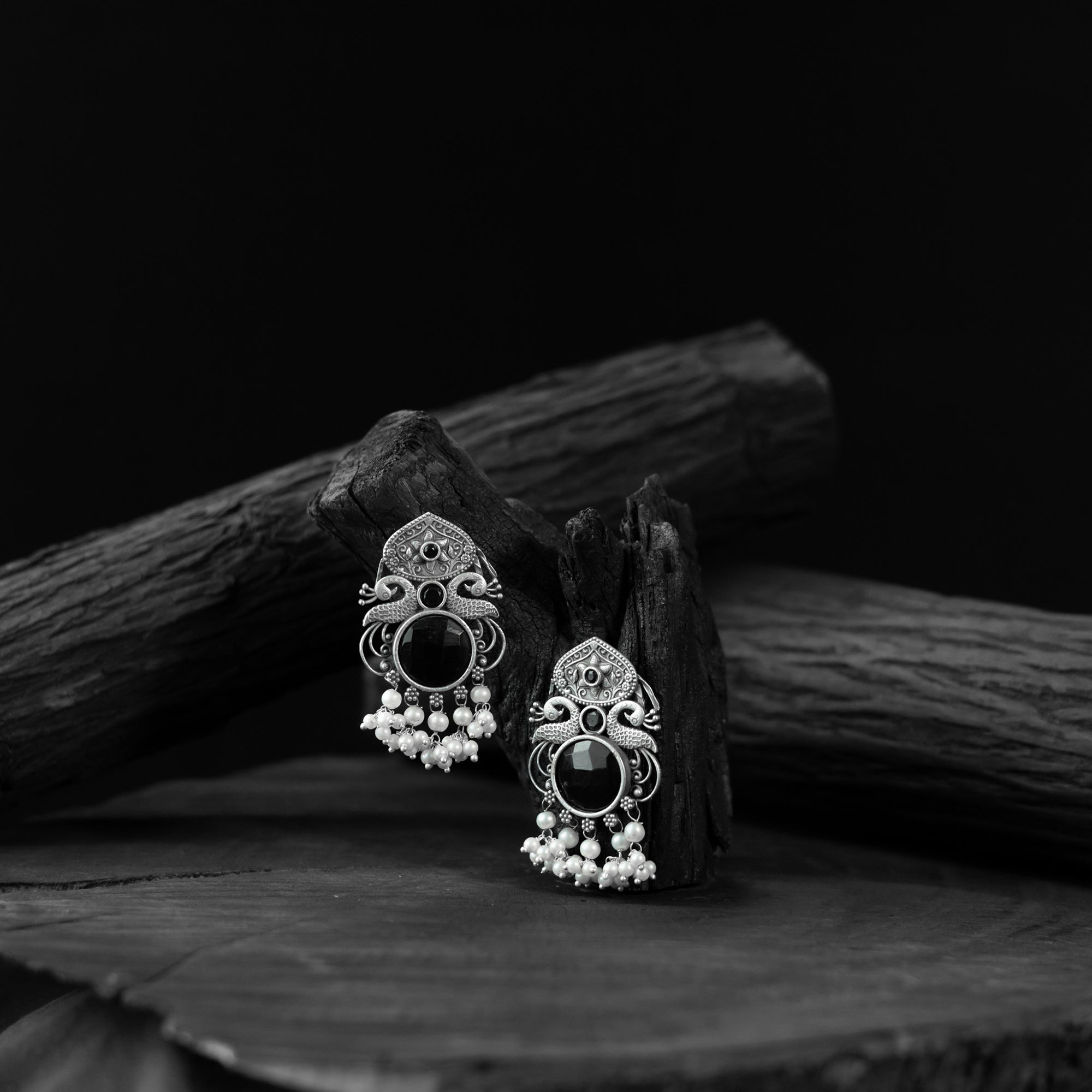 Saanjh Bela Black Flower & Peacock Oxidised Earrings