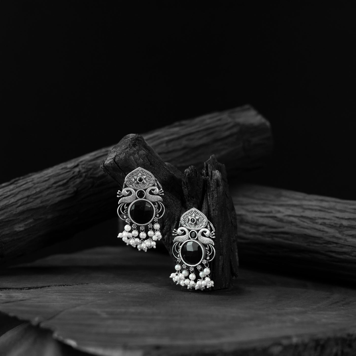 Saanjh Bela Black Flower & Peacock Oxidised Earrings