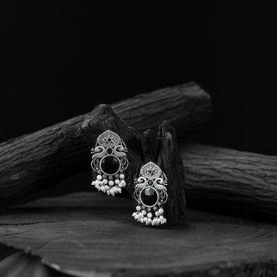 Saanjh Bela Black Flower & Peacock Oxidised Earrings