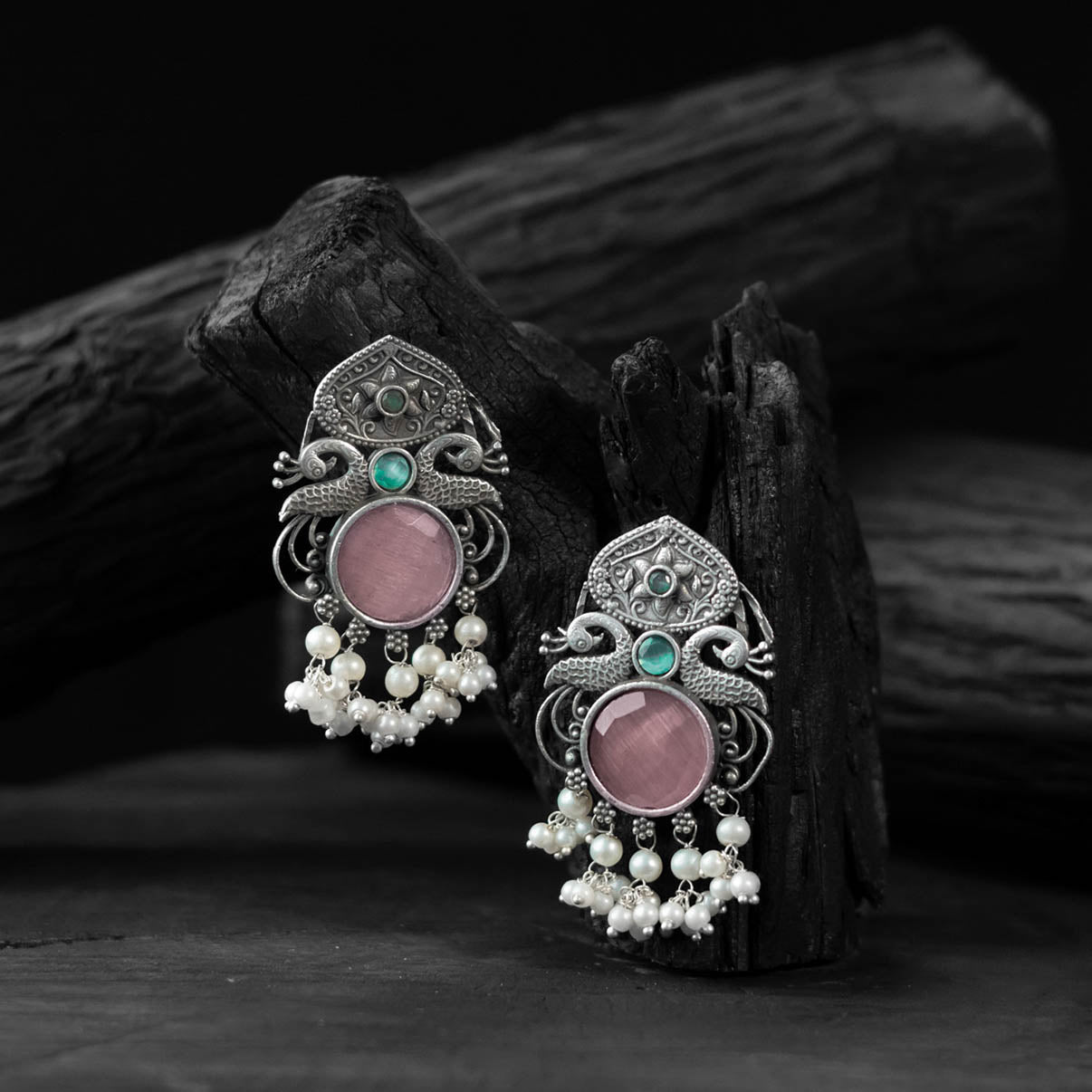 Saanjh Bela Pink Flower & Peacock Oxidised Earrings