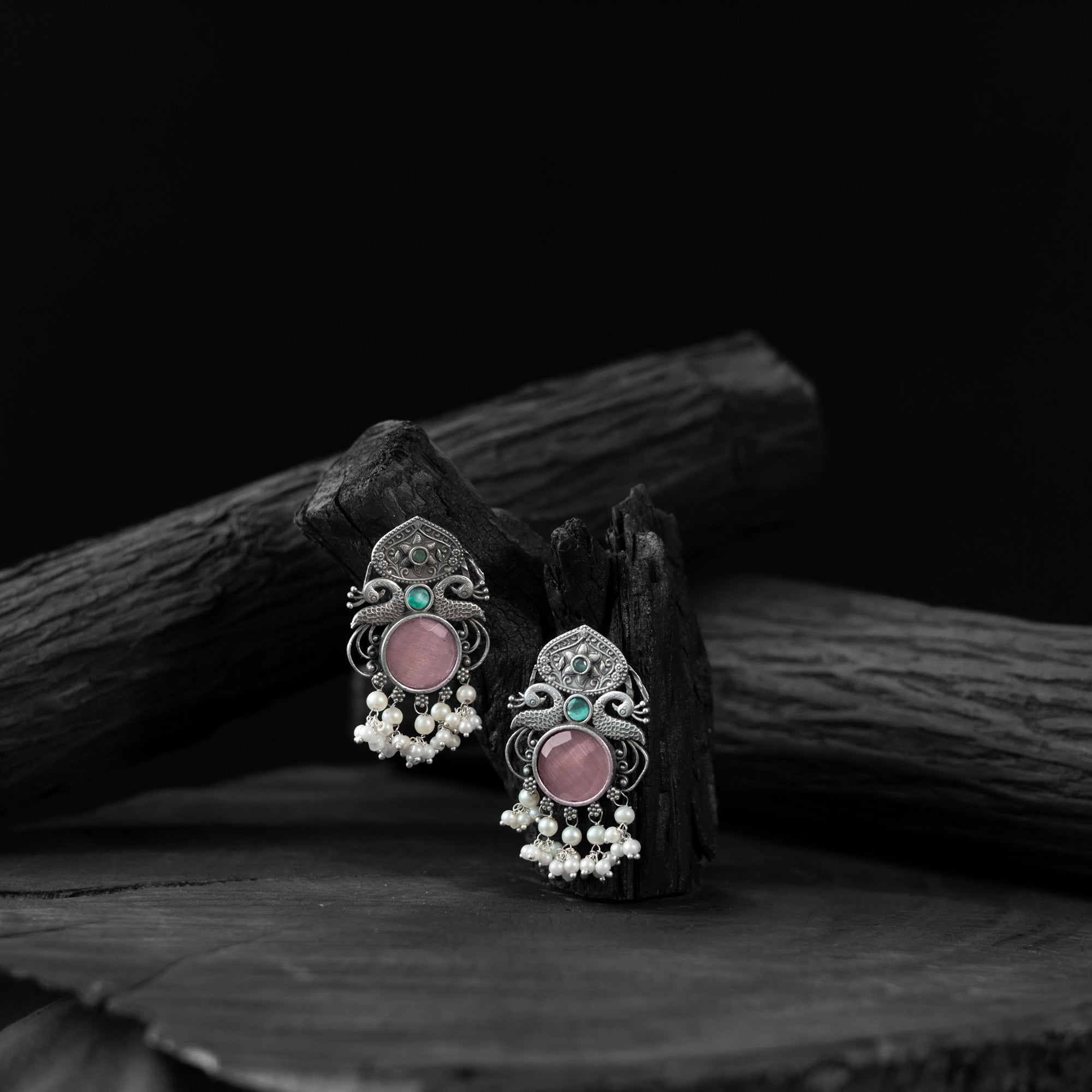 Saanjh Bela Pink Flower & Peacock Oxidised Earrings