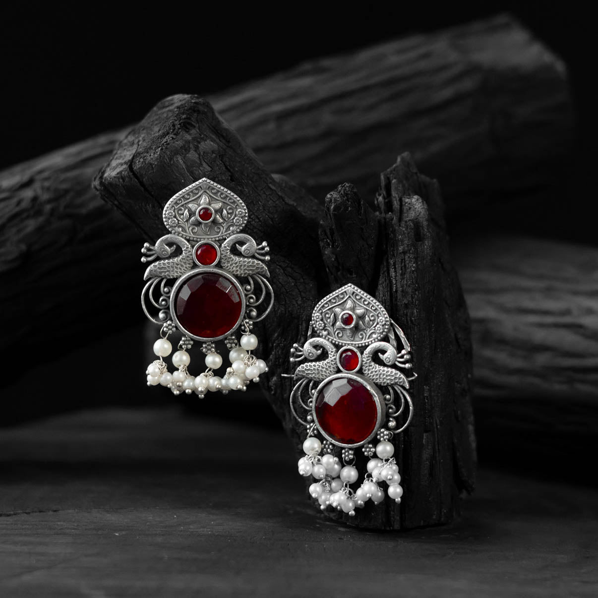 Saanjh Bela Maroon Flower & Peacock Oxidised Earrings