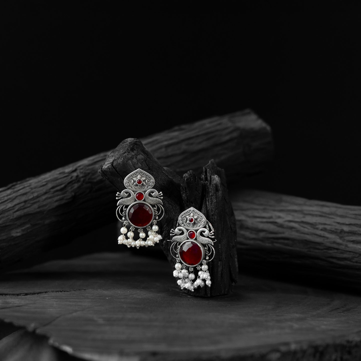 Saanjh Bela Maroon Flower & Peacock Oxidised Earrings