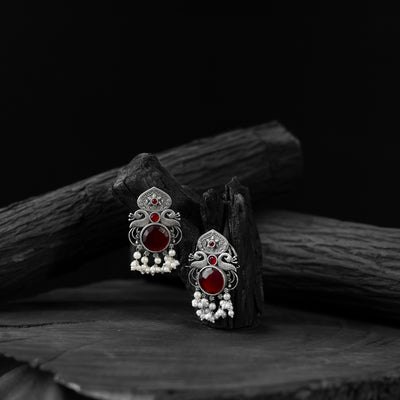 Saanjh Bela Maroon Flower & Peacock Oxidised Earrings