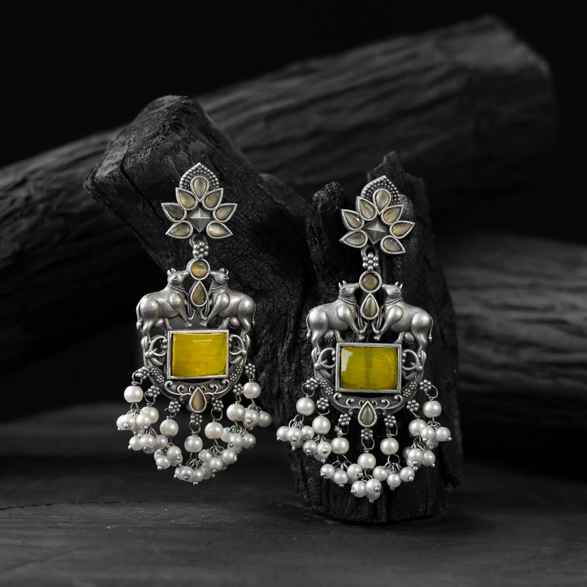 Saanjh Bela Yellow Nandi Oxidised Earrings