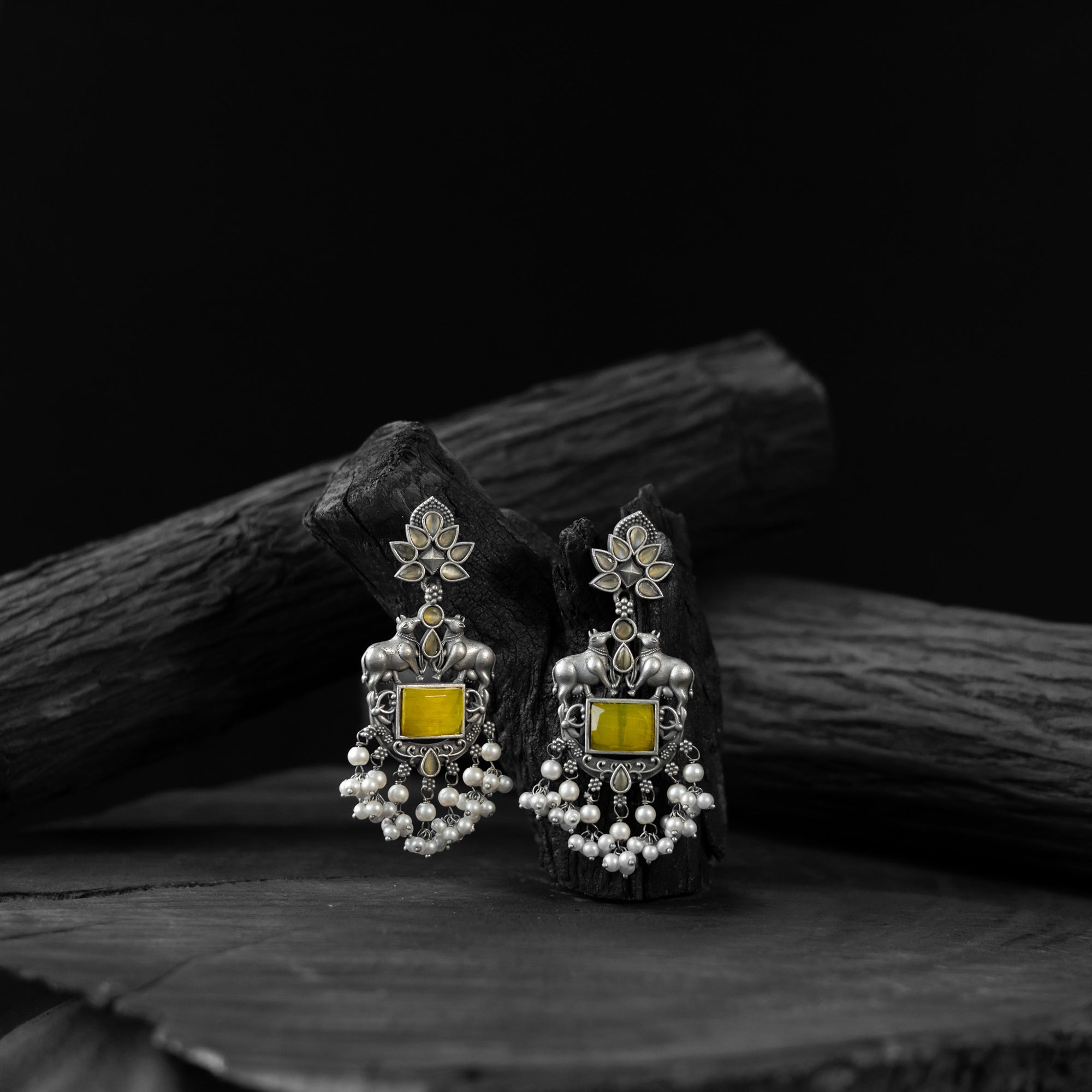 Saanjh Bela Yellow Nandi Oxidised Earrings