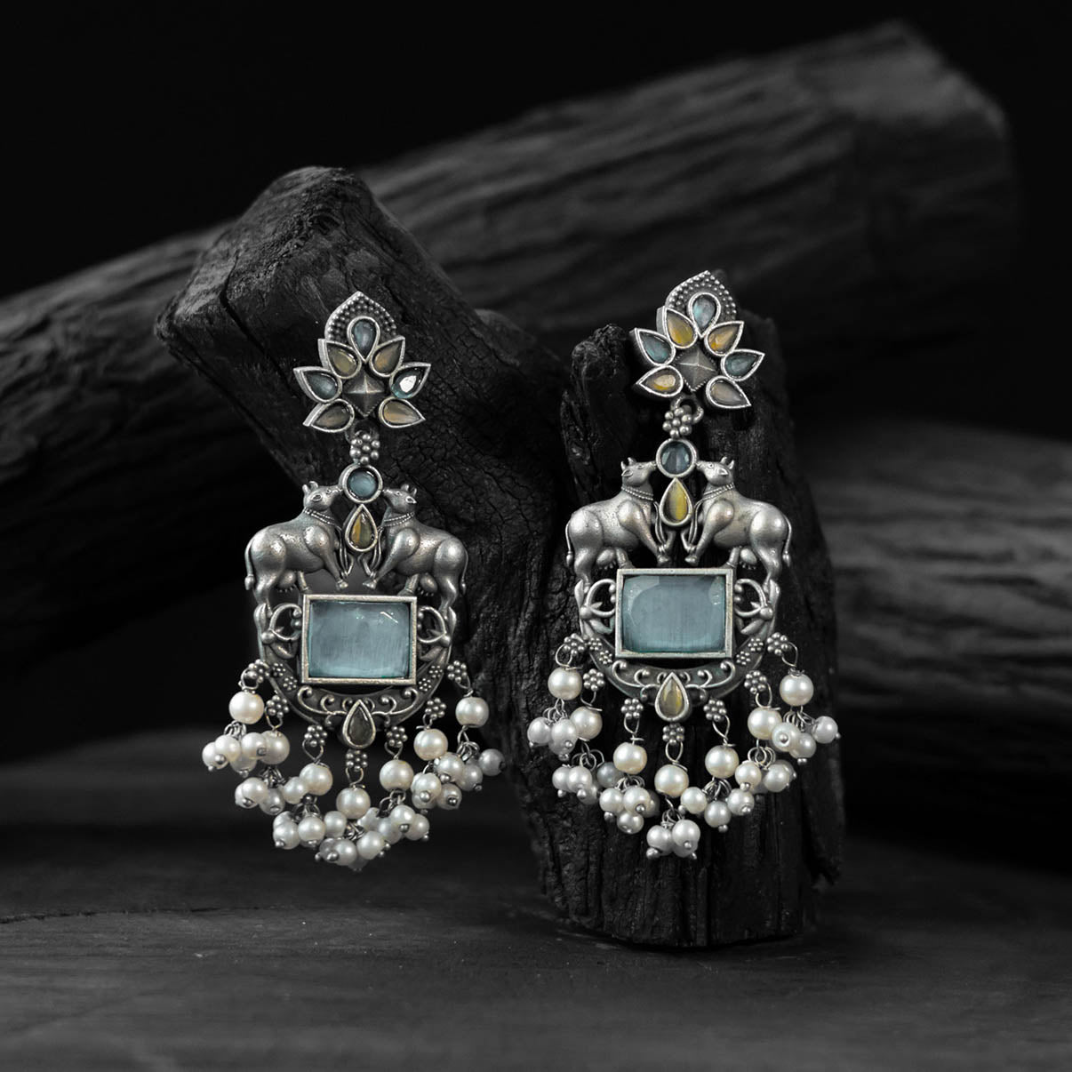 Saanjh Bela Yellow & Sky Blue Nandi Oxidised Earrings
