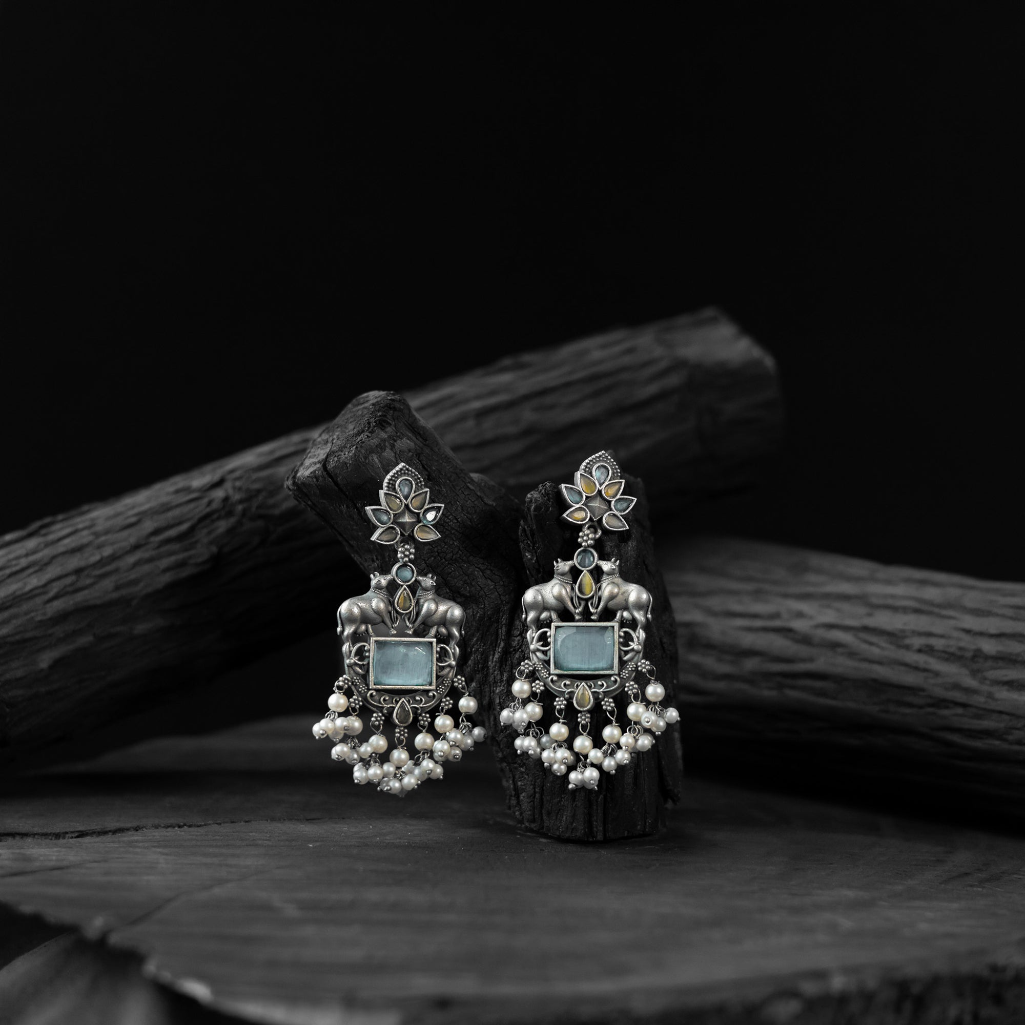 Saanjh Bela Yellow & Sky Blue Nandi Oxidised Earrings