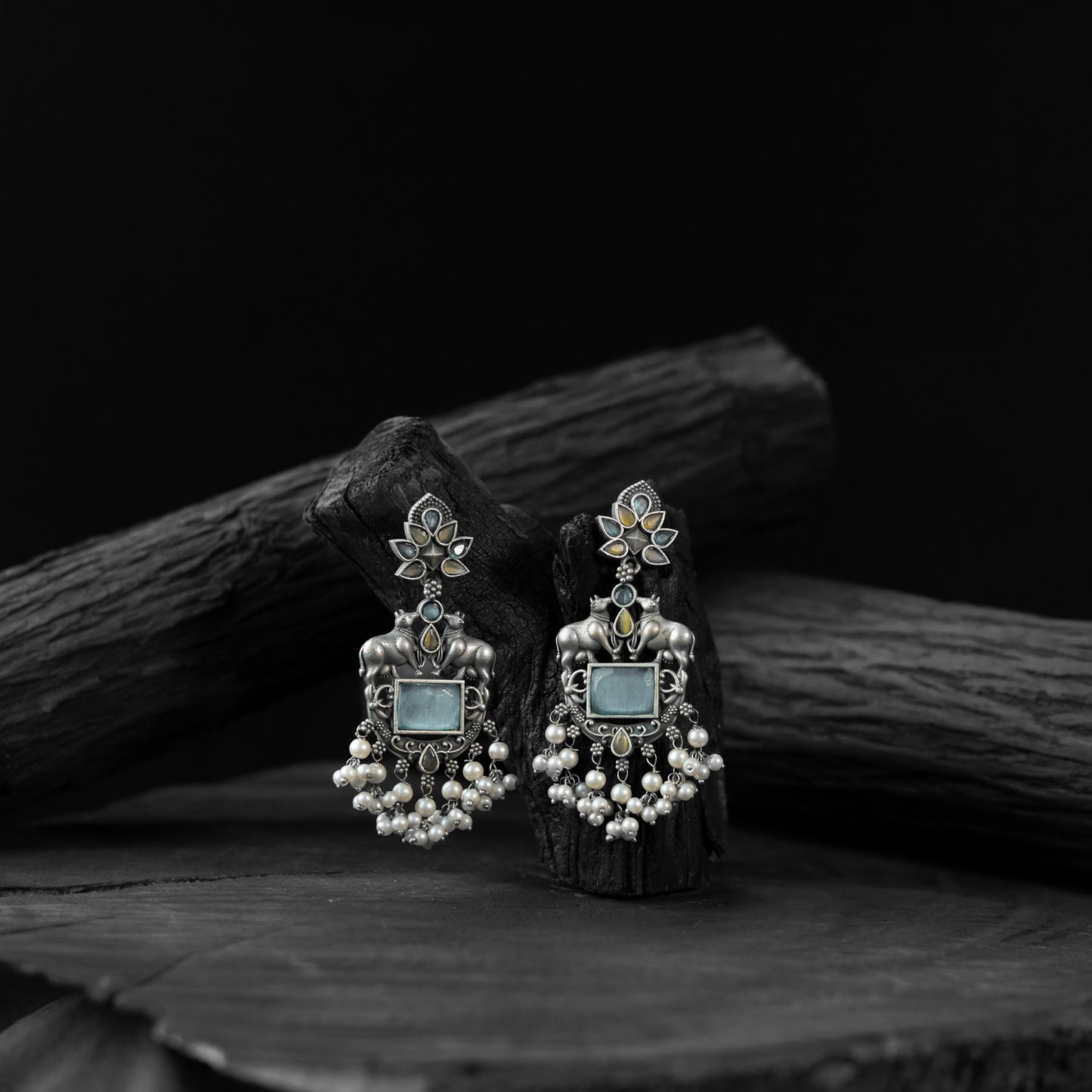 Saanjh Bela Yellow & Sky Blue Nandi Oxidised Earrings