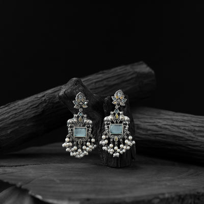 Saanjh Bela Yellow & Sky Blue Nandi Oxidised Earrings