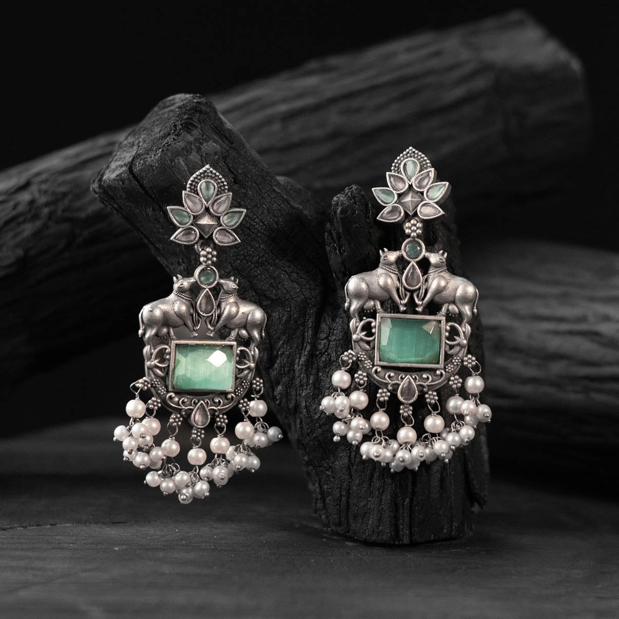 Saanjh Bela Mint Green Nandi Oxidised Earrings