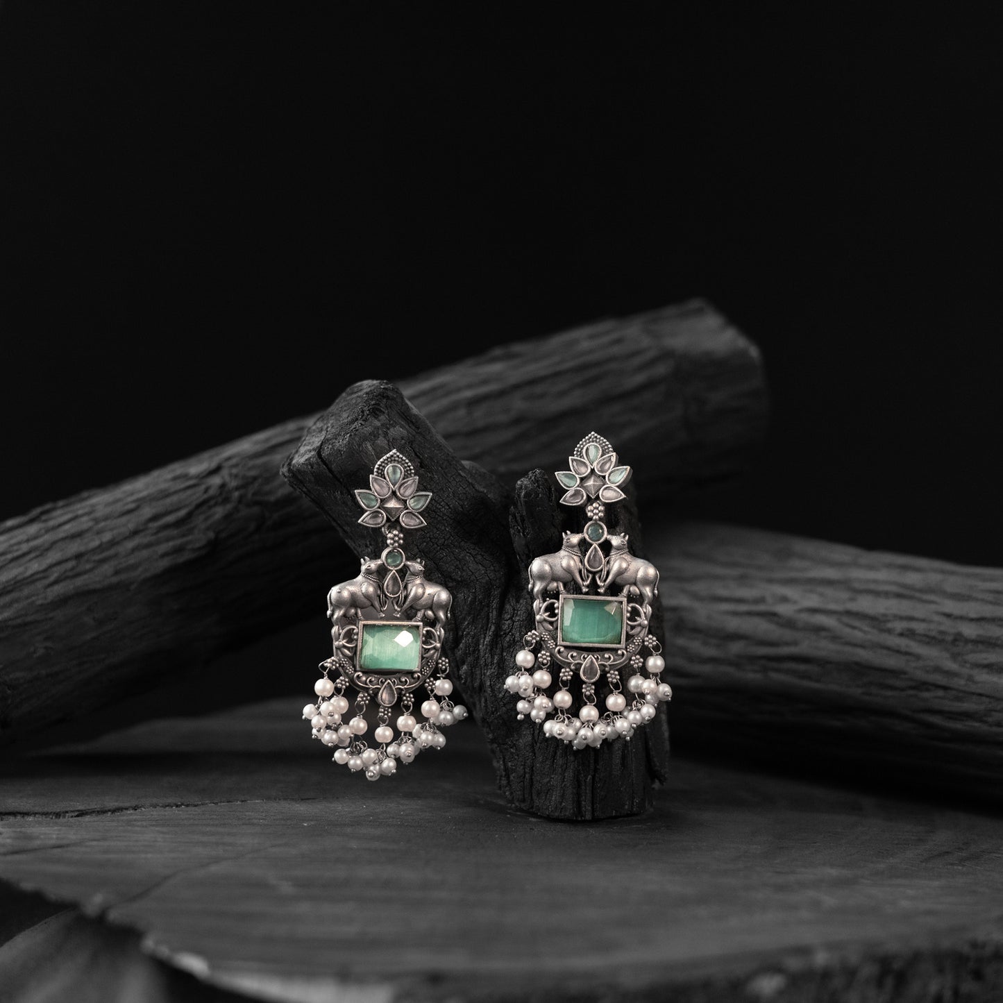 Saanjh Bela Mint Green Nandi Oxidised Earrings