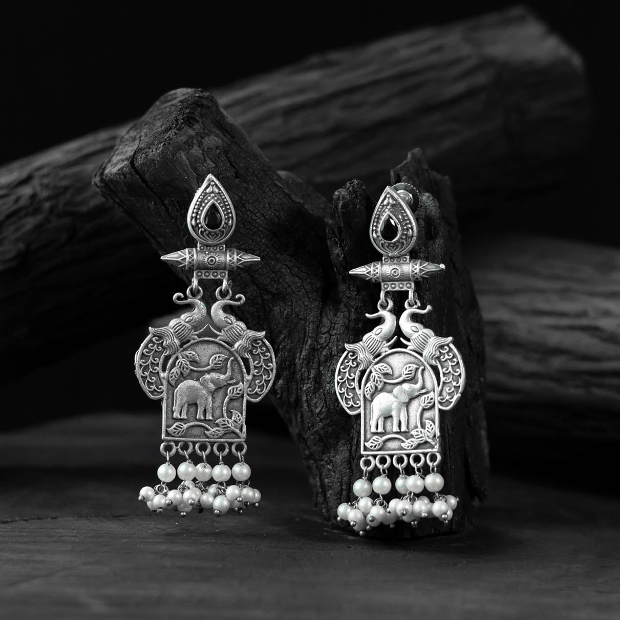 Saanjh Bela Black Leaves & Elephant Oxidised Earrings