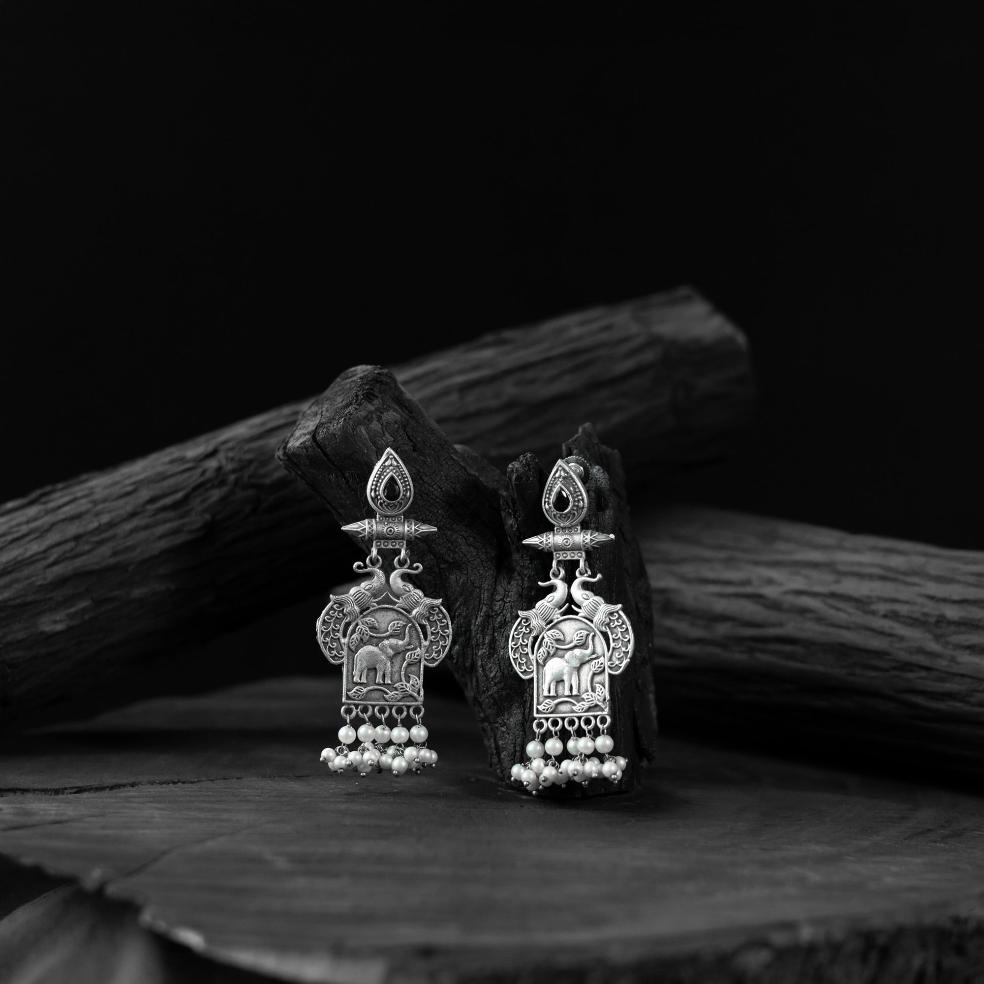 Saanjh Bela Black Leaves & Elephant Oxidised Earrings