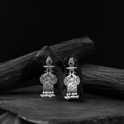 Saanjh Bela Black Leaves & Elephant Oxidised Earrings