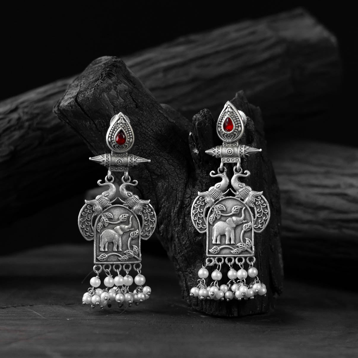 Saanjh Bela Red Leaves & Elephant Oxidised Earrings