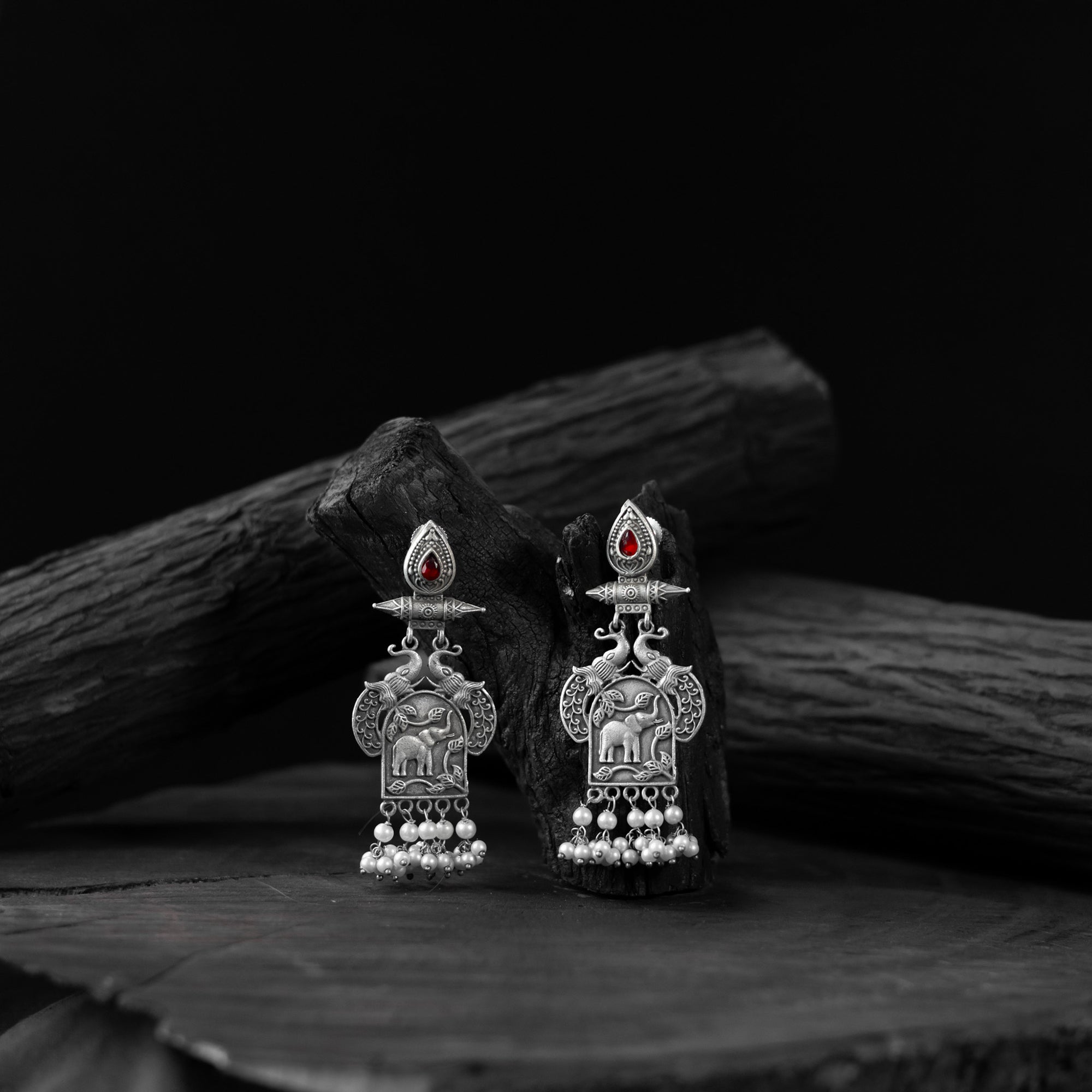 Saanjh Bela Red Leaves & Elephant Oxidised Earrings