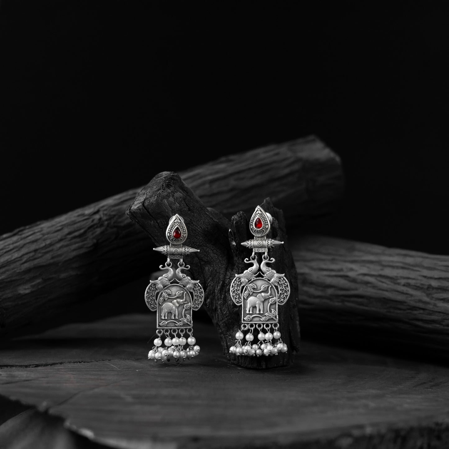 Saanjh Bela Red Leaves & Elephant Oxidised Earrings