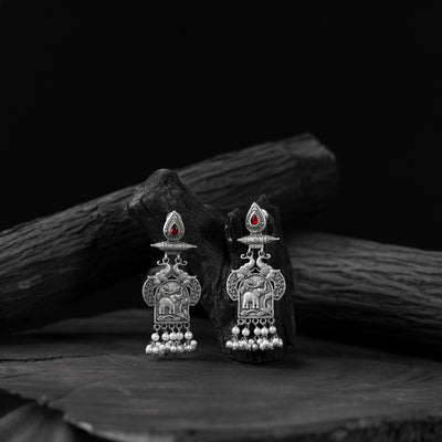 Saanjh Bela Red Leaves & Elephant Oxidised Earrings