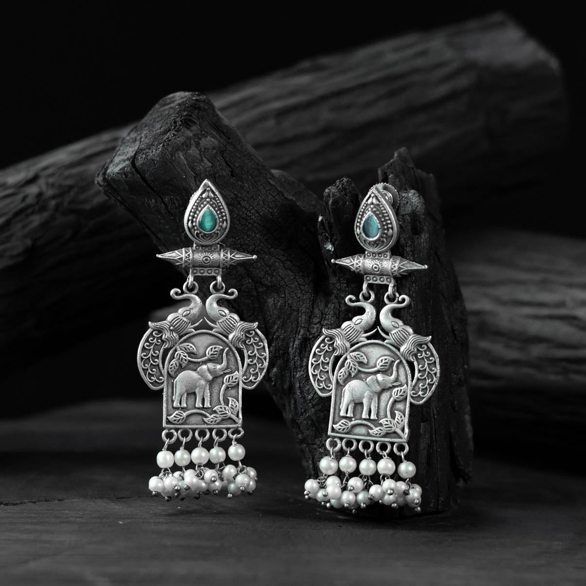 Saanjh Bela Mint Green Leaves & Elephant Oxidised Earrings