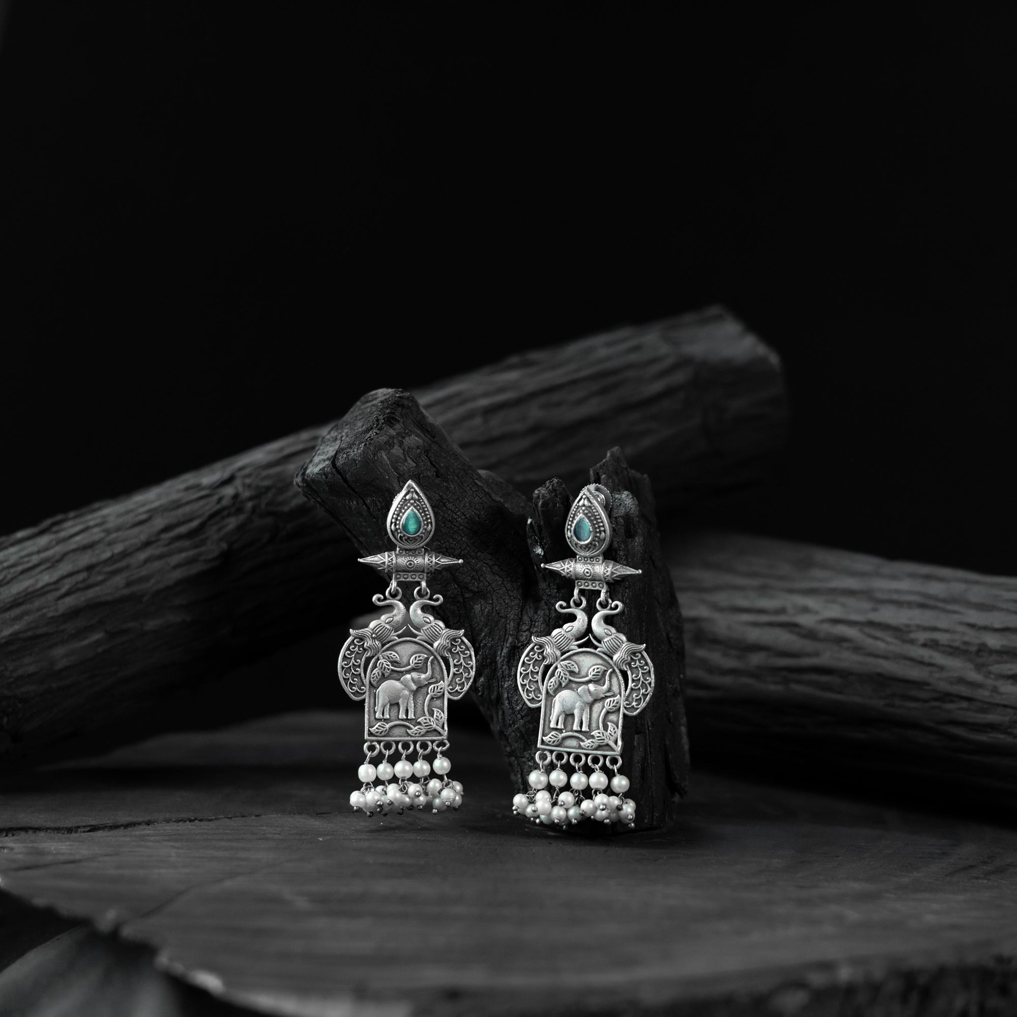 Saanjh Bela Mint Green Leaves & Elephant Oxidised Earrings
