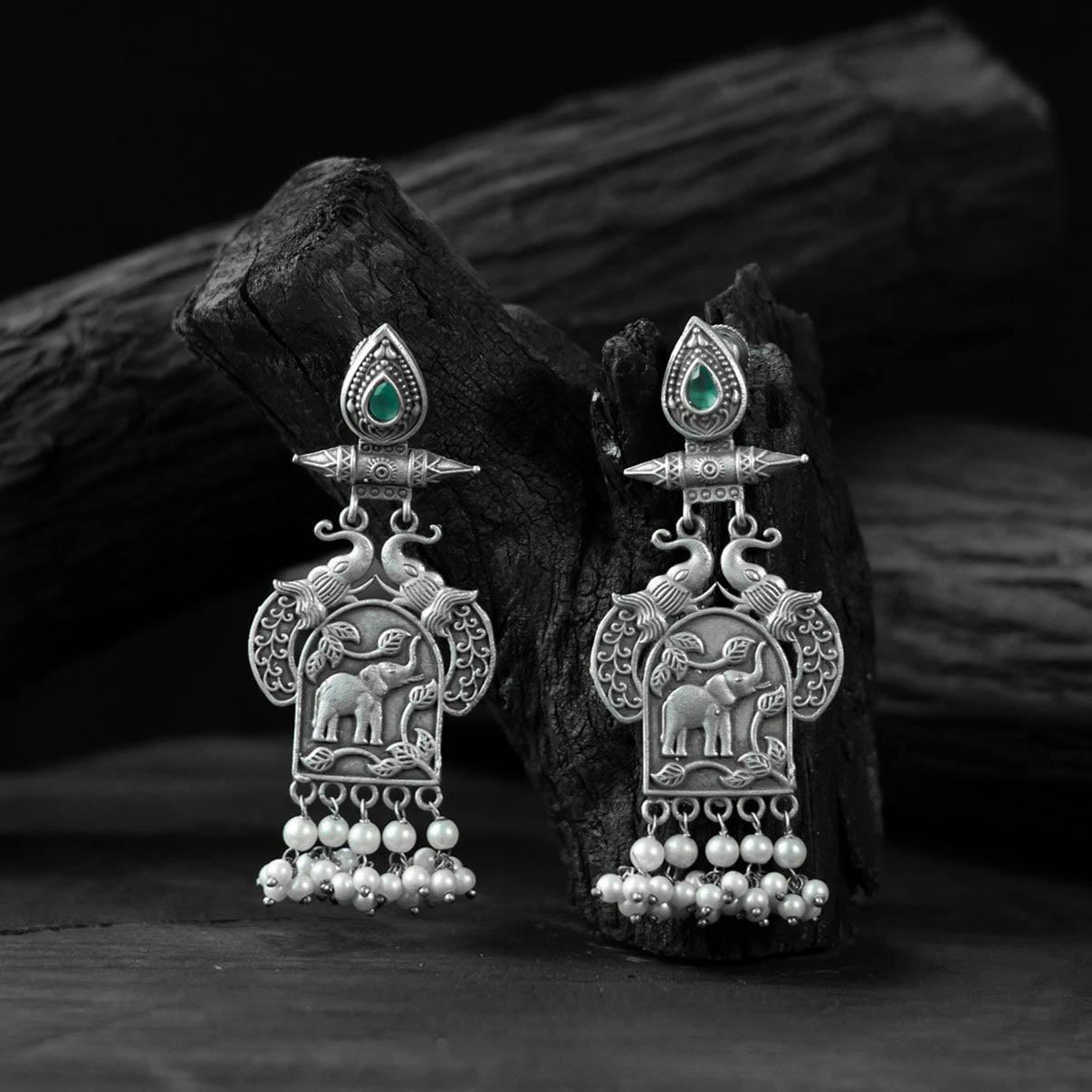Saanjh Bela Green Leaves & Elephant Oxidised Earrings