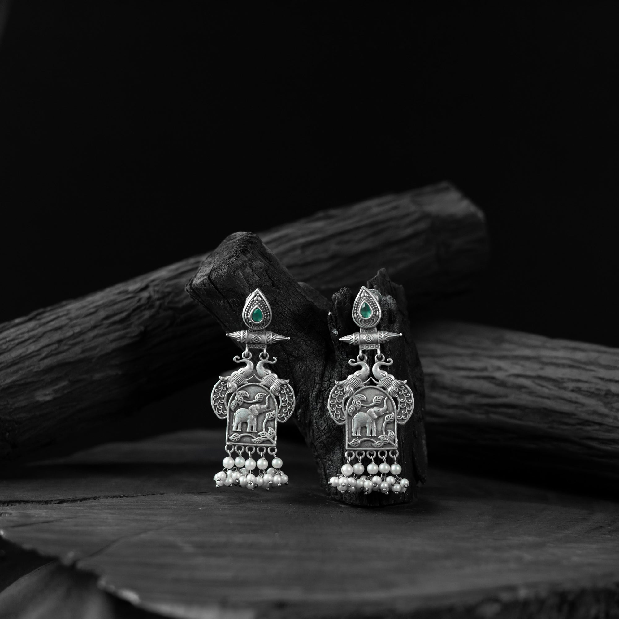 Saanjh Bela Green Leaves & Elephant Oxidised Earrings