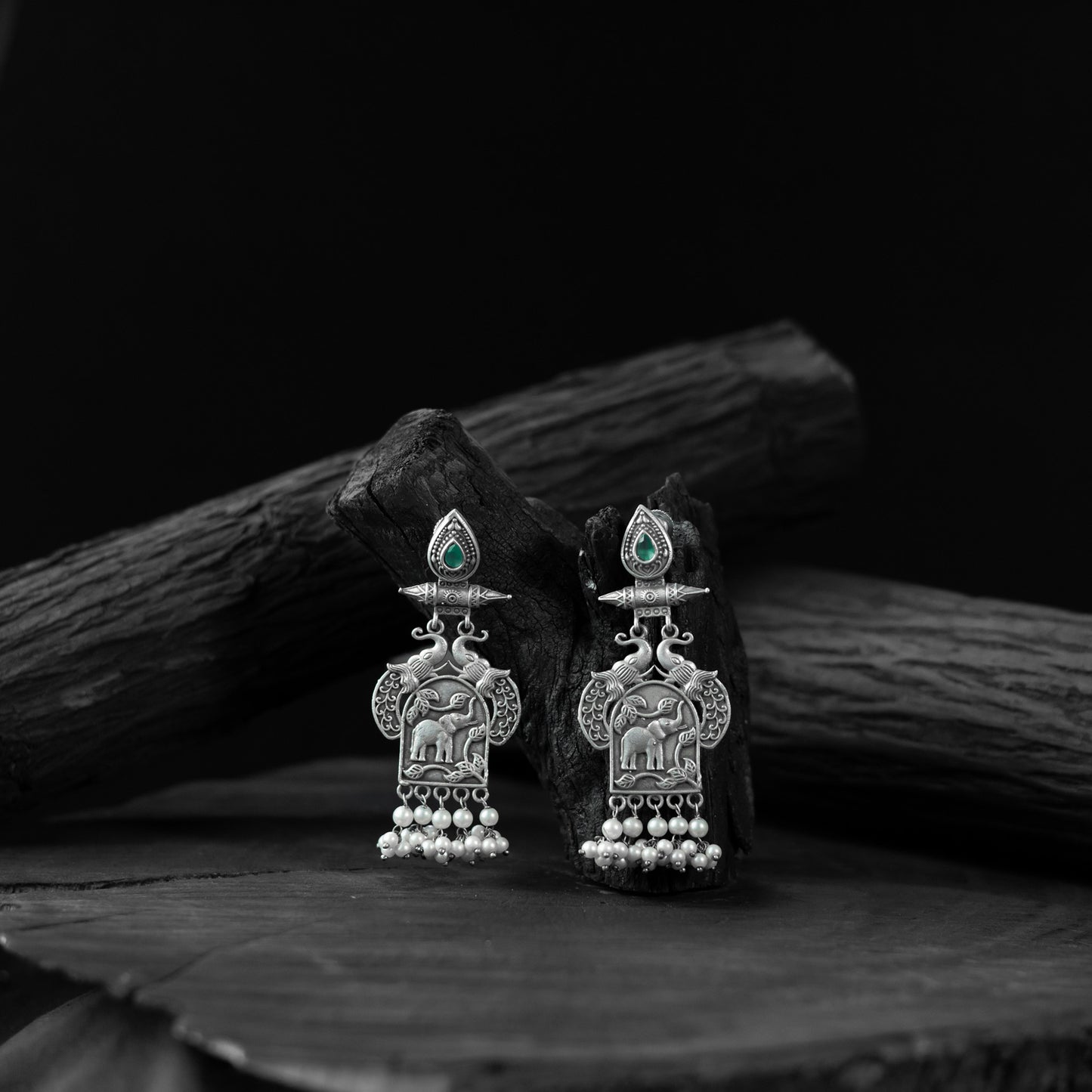 Saanjh Bela Green Leaves & Elephant Oxidised Earrings