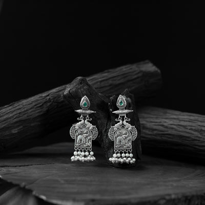 Saanjh Bela Green Leaves & Elephant Oxidised Earrings