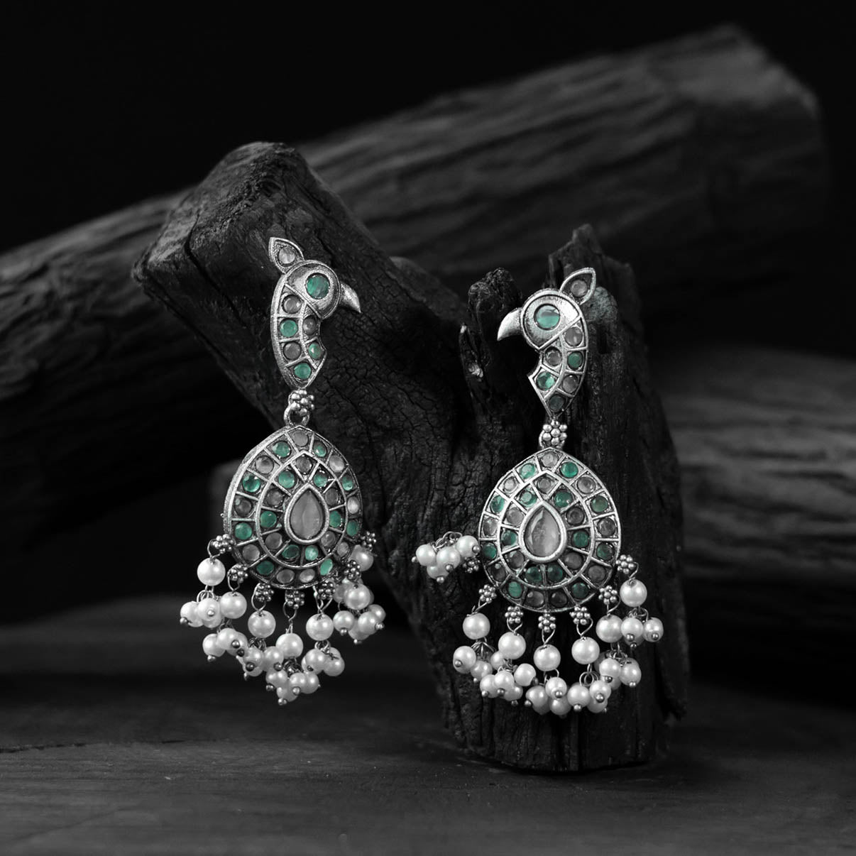 Peacock Saanjh Bela Green Oxidised Earrings