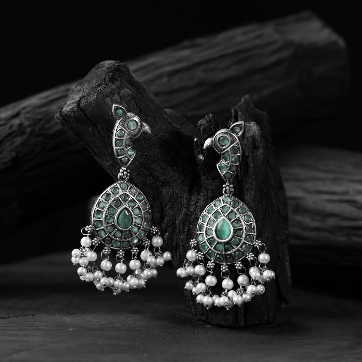 Peacock Saanjh Bela Mint Green Oxidised Earrings